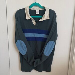 Boys Hanna Andersson green long-sleeve rugby shirt top with blue stripes size 10